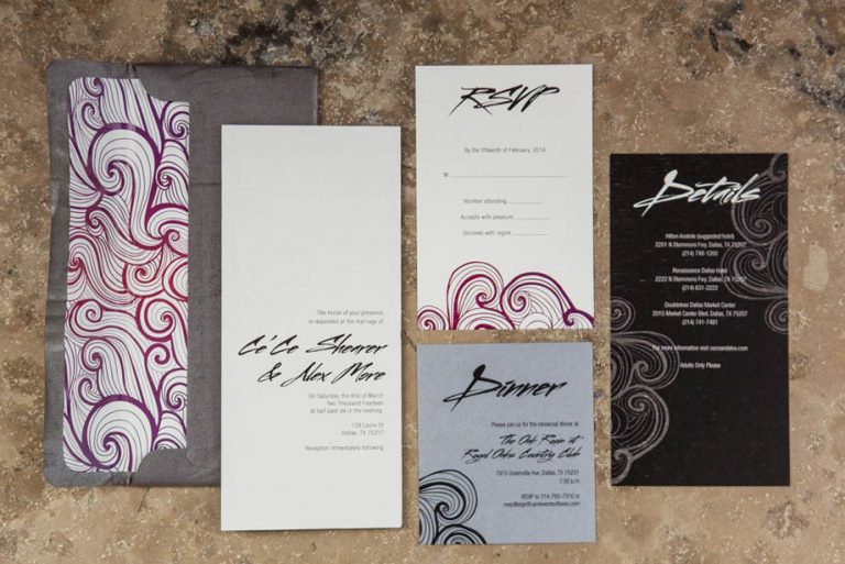 1-Modern Wedding Invitations, Edgy Wedding Invitations, Black, White, Red & Purple Wedding Invitations; Swirl Wedding Invitations; Ombre Wedding Invitations