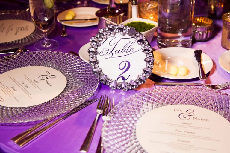 17-Purple & Fuchsia Wedding; Crystal Frames; Round Menus
