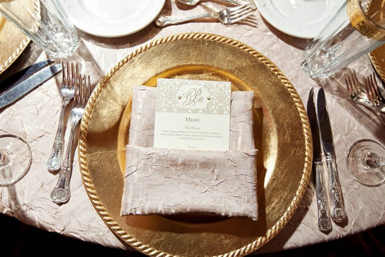 37-Taupe & Ivory Menu Card with Pearls; Gold Chargers Wedding