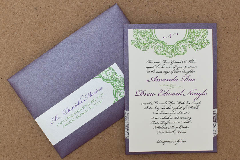 Purple, Green, Ivory, Lace Wedding Invitation